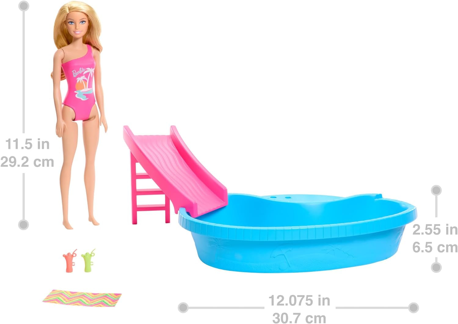 Barbie-Puppe und Zubehör – Pool mit Rutsche und Zubehör für stundenlangen Spaß in der Sonne, rosa Badeanzug mit tropischem Design, für Kinder ab 3 Jahren, HRJ74
