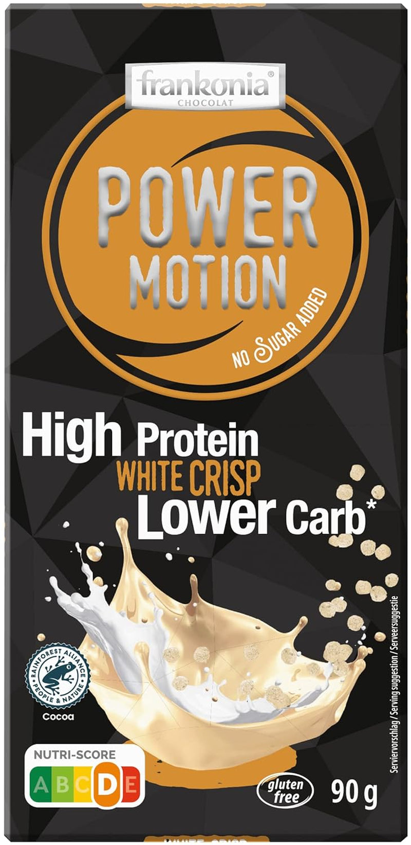 frankonia CHOCOLAT POWER MOTION ohne Zuckerzusatz – Knusprige weiße Schokolade mit hohem Protein- und niedrigem Kohlenhydratanteil, 90 g