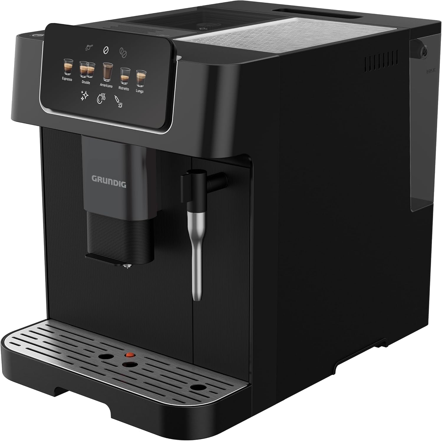 GRUNDIG KVA 6230 Espressovollautomat mit Milchaufschäumer, Edelstahlmahlwerk mit 13 Mahlstufen, Bohnenbehälter 250 g, abnehmbarer Wassertank 2 Liter, Pumpendruck 19 bar, Touch-Display, schwarz