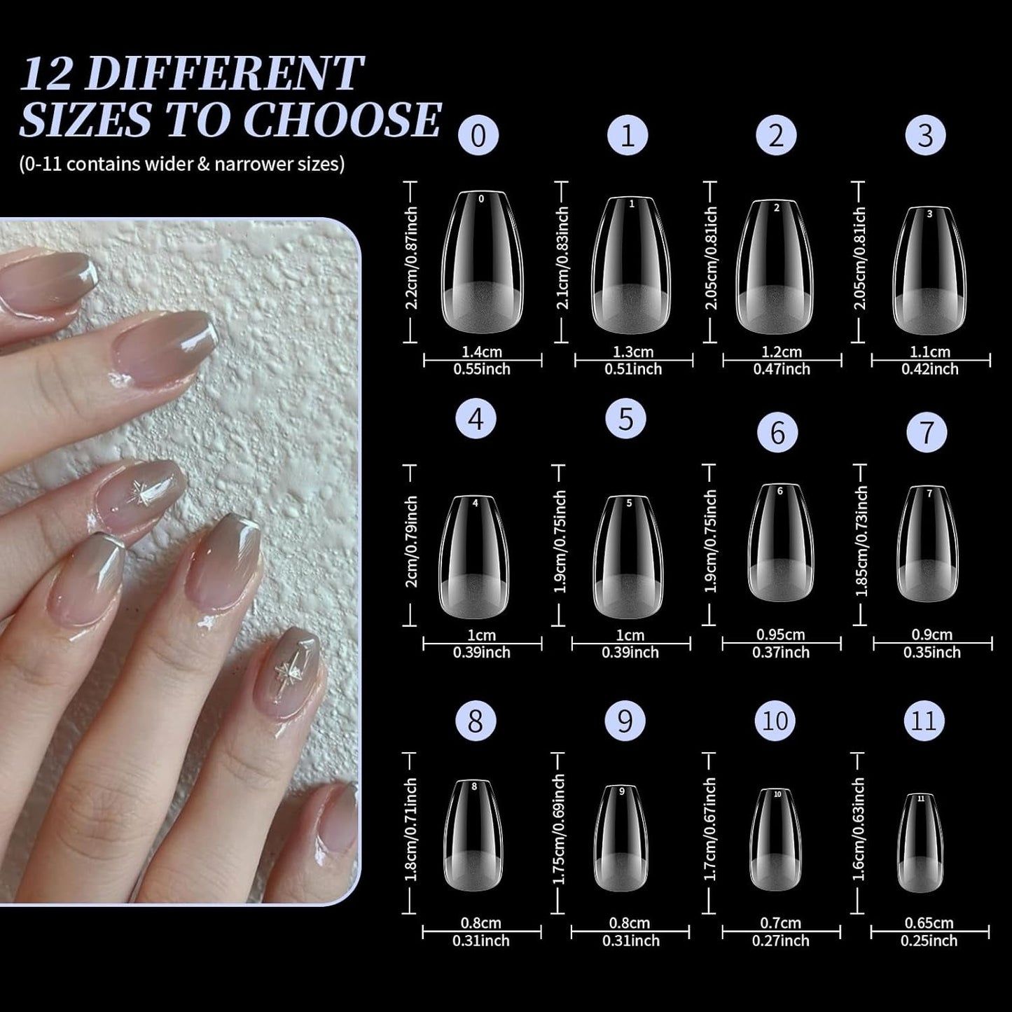 Vollständige Abdeckung für kurze Nägel, 120 Stück, 12 Größen, kurze Nagelspitzen für Gelnägel, zum Aufkleben auf künstliche Nägel, zum Aufkleben auf Nagelfeilen-Set, Nagelpolierer, Nagelhautschieber