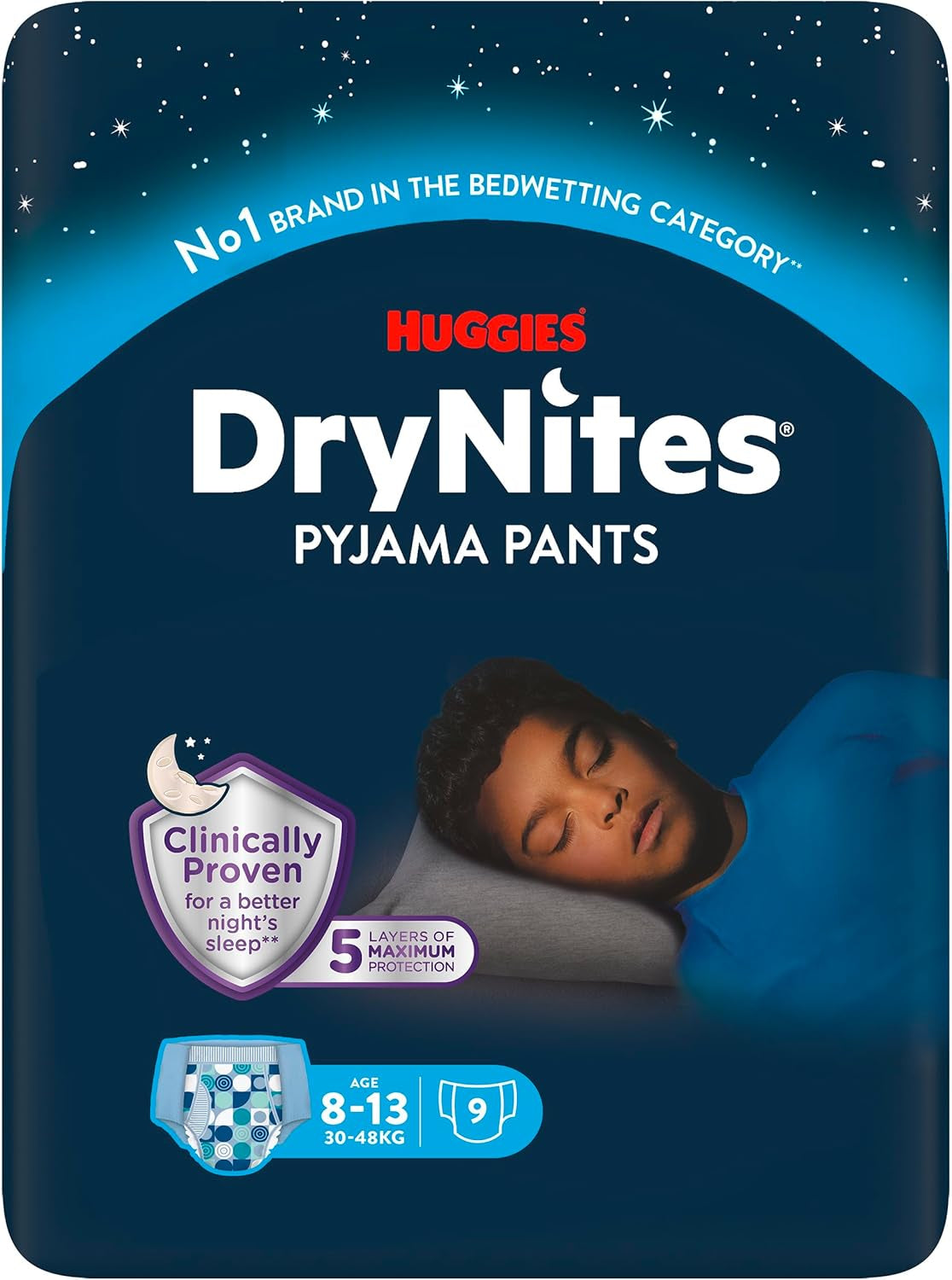 Huggies DryNites Super saugfähige Nachtwindeln für Jungen von 8–13 Jahren (30–48 kg), 27 Stück (3 x 9 Stück) Höschenwindeln