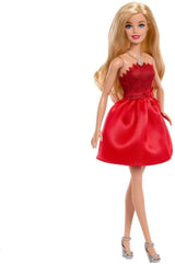 Mattel Rubinrote Blonde Barbie-Party-Modepuppe zum 80. Jubiläum rotes Kleid mit silbernen Schuhen und Halskette, Sammelspielzeug, JGD25