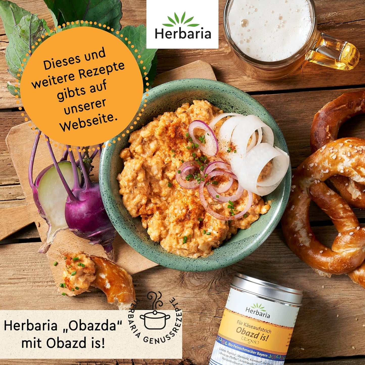 Herbaria Obazd ist! bio 90g M-Dose – Bio-Gewürzmischung bayerischen Biergartenklassiker Obazda – für Brotaufstriche, Käsegerichte, Käsefondue – Raclette Gewürze – in nachhaltiger Aromaschutz-Dose