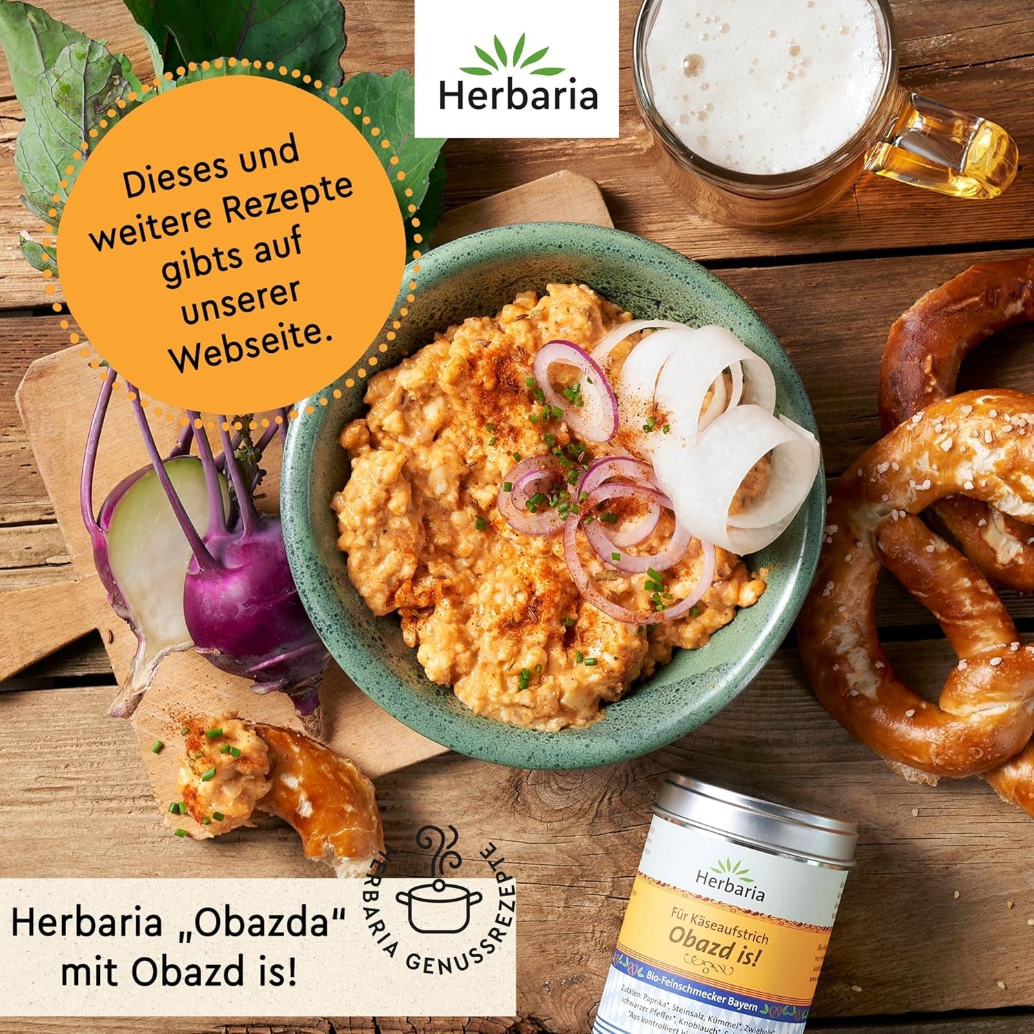 Herbaria Obazd ist! bio 90g M-Dose – Bio-Gewürzmischung bayerischen Biergartenklassiker Obazda – für Brotaufstriche, Käsegerichte, Käsefondue – Raclette Gewürze – in nachhaltiger Aromaschutz-Dose