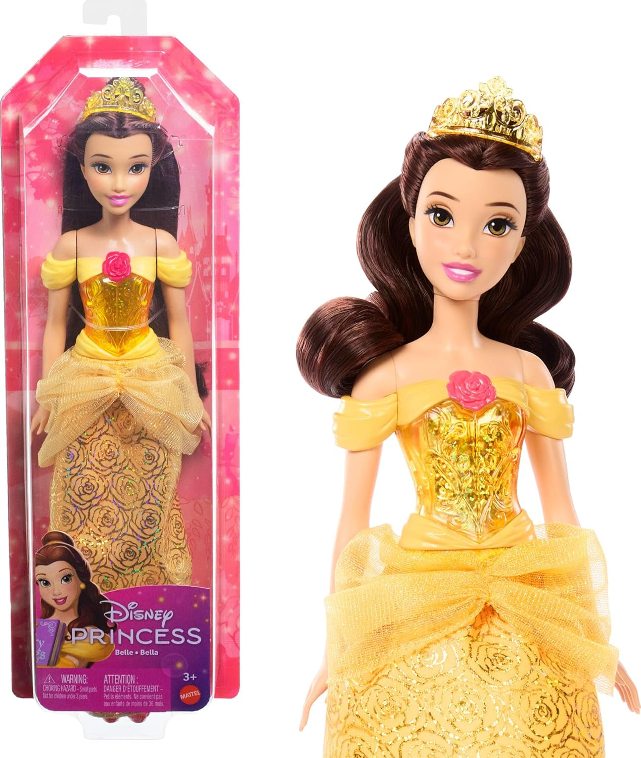 Mattel Disney Prinzessinnen-Spielzeug, bewegliche Belle-Modepuppe mit funkelnder Kleidung und Accessoires, Disney-Film-inspiriertes Geschenk für Kinder HLW11