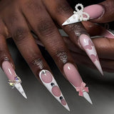 Moonglow Lange Nägel Stiletto Milchweiß Rosa Farbverlauf Glitzer Coole künstliche Nägel mit Kleber Rosa Ombre Glitzer Künstliche Nägel