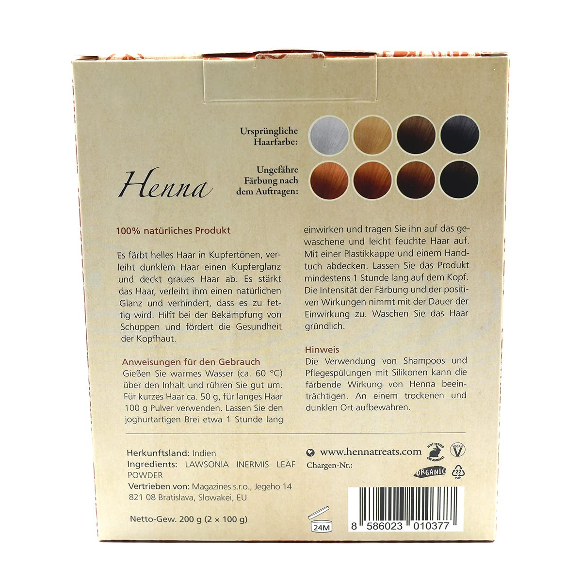 Henna - Kupfer - Natürliche Haarfarbe und Haarpflege - Pulver - 200g Haarfärbemittel Naty Shop