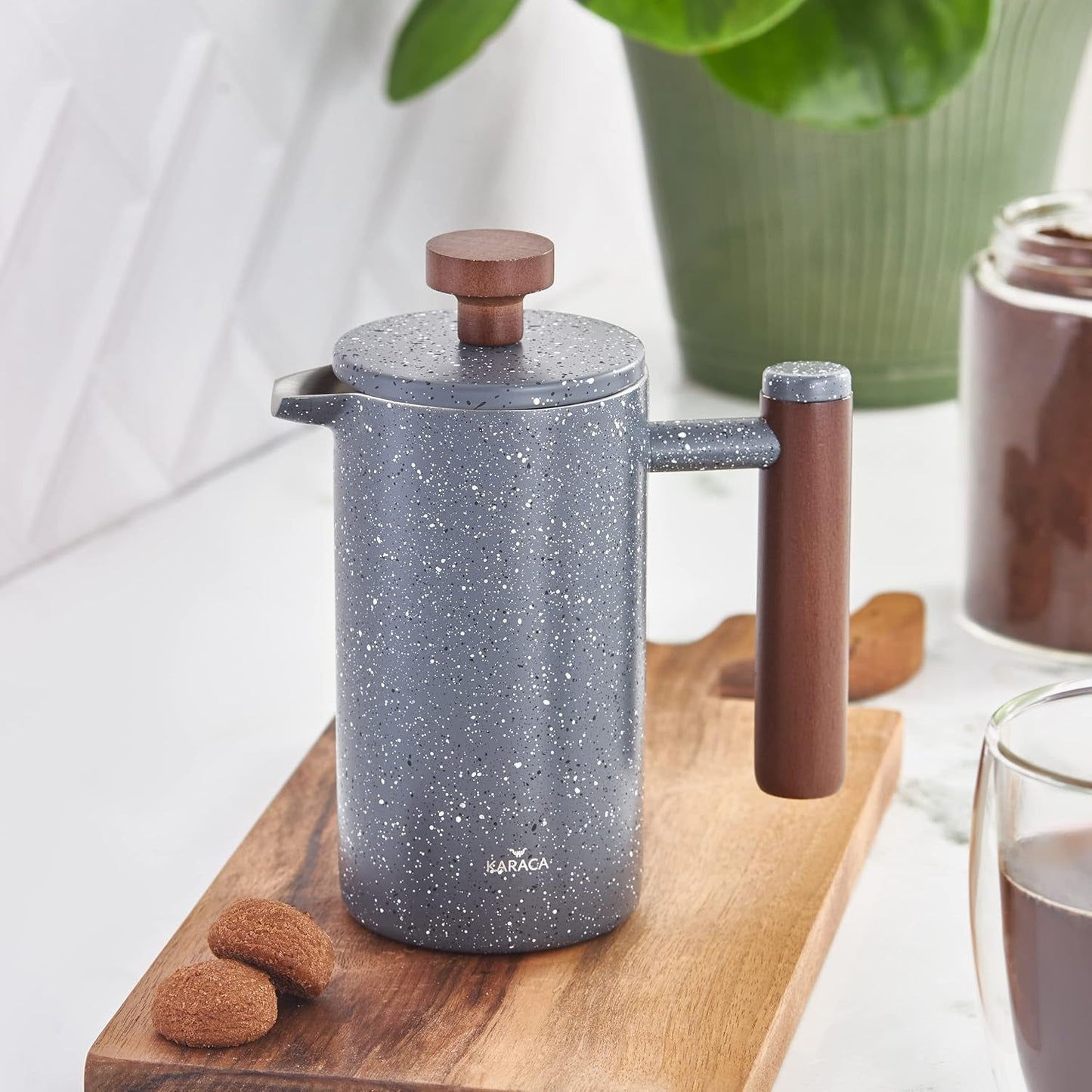 KARACA Doppelwandige French Press aus Marmor mit Kastanienholzgriff – Isolierte French Press für Kaffee – Zuhause, Reisen, Camping, Kaffeemaschine – 350 ml – Dunkelgrau