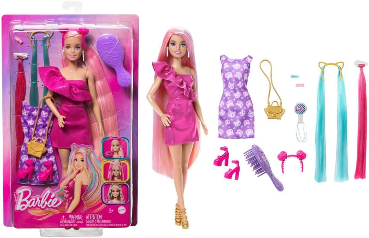 Barbie Totally Hair – Puppe mit leicht zu stylendem extralangem Regenbogenhaar und 10 Mode- und Styling-Accessoires, gepunktetes Kleid in Blockfarben, ab 3 Jahren, HKT96