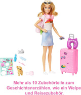 Barbie-Puppe, Reise-Barbie mit blonden Haaren, 10+ Reisezubehör, Aufkleber, Koffer, Welpe, inklusive 1 Puppe, Kindergeschenk, Spielzeug ab 3 Jahren, HJY18