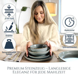 Steingut Geschirrset 6 Personen Rustikal 24 tlg. TESTSIEGER, Hochwertiges Landhausstil Steingut Geschirr Set, Schüssel- und Teller Set, Tafelservice 6 Personen, Geschirrsets Pure Living in Rauchblau