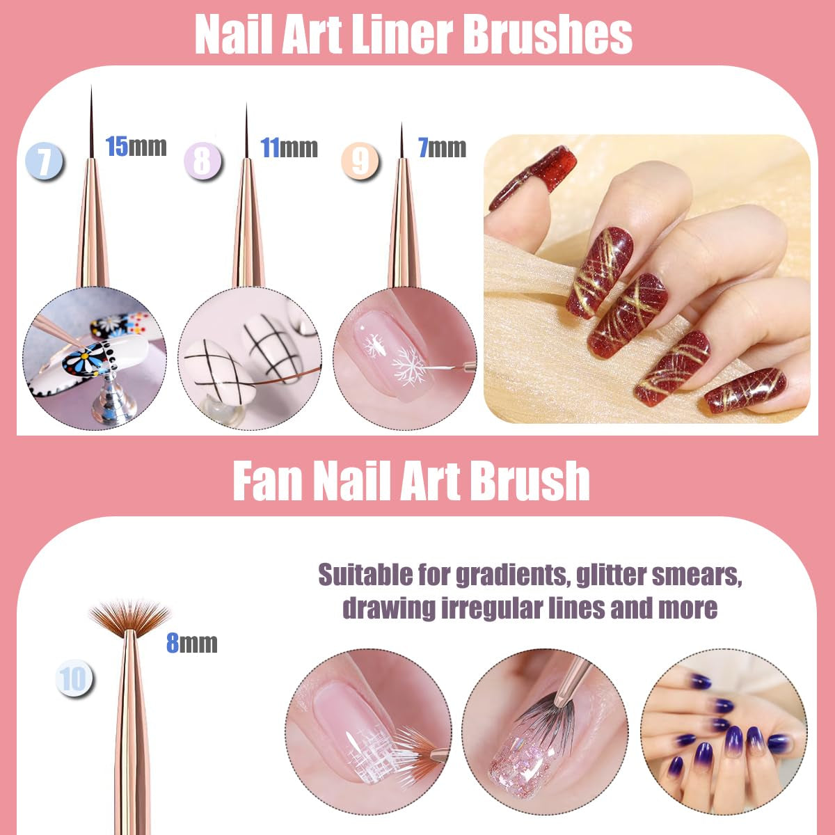 10 Stück Nail-Art-Pinsel, Nagel-Gel-Nagellack-Malpinsel, Zeichenstift, Nagel-Liner-Pinsel und Nagel-Dotting-Stift für Gel-Nagellack, DIY, Maniküre, Salon zu Hause