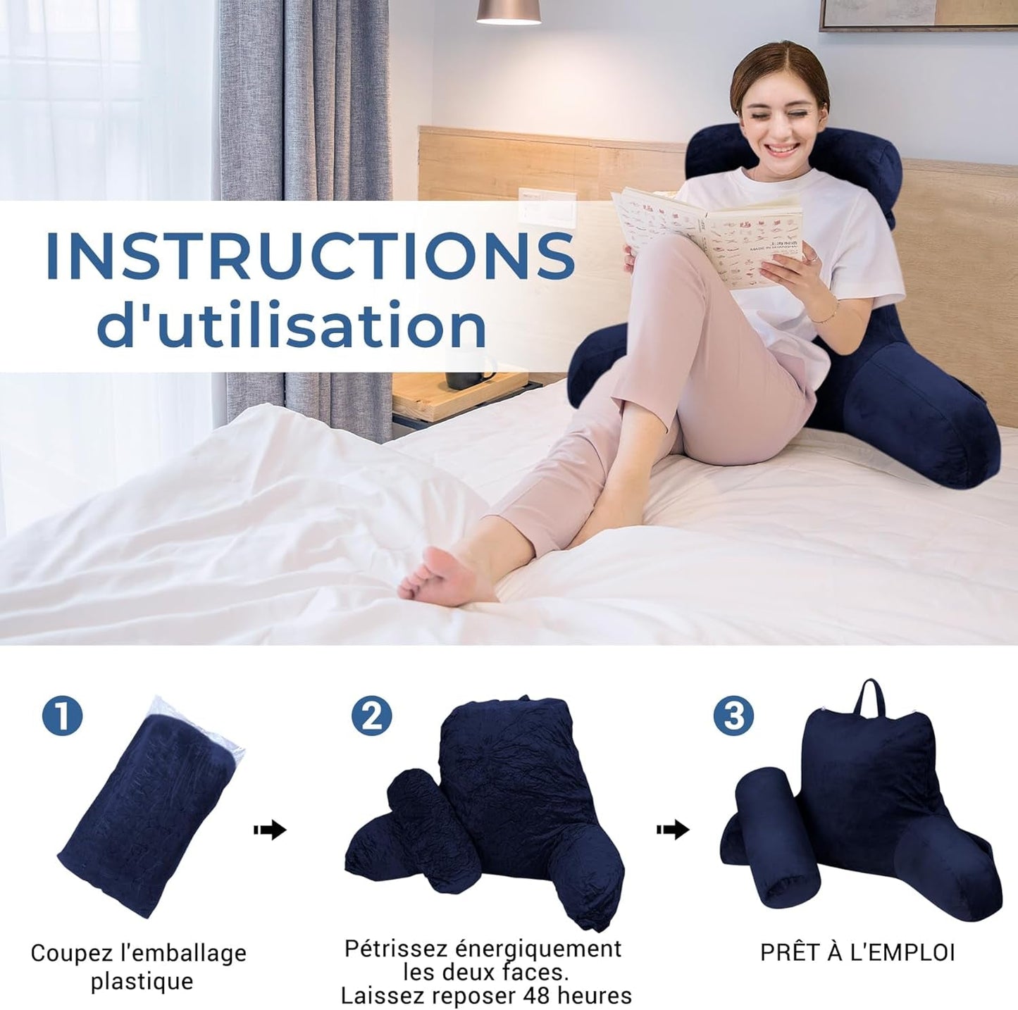 Ergonomisches Lesekissen INFANZIA mit Armlehnen, Rückenstütze, Marineblau