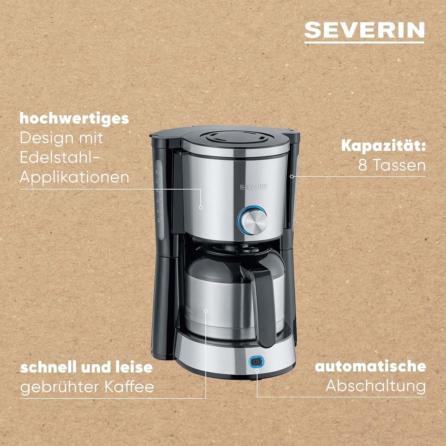 SEVERIN „TypeSwitch“ Espressomaschine mit Thermokaraffe, AromaSwitch zur Wahl zwischen 2 Brühprofilen, Kaffeemaschine für bis zu 10 Tassen, 1000W, Edelstahl gebürstet-schwarz, KA 4845