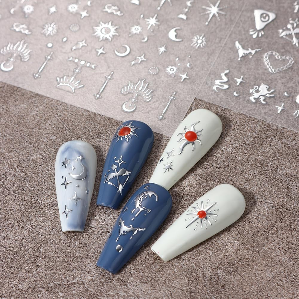 3D-Nagelaufkleber, silberfarben, metallisch, Nagelaufkleber für Frauen, Stern, Mond, Sonne, Nagelfolie, selbstklebende Aufkleber, Schmetterlings-Nagelaufkleber, Nagelaufkleber, Nageldesign-Zubehör, 8 Stück