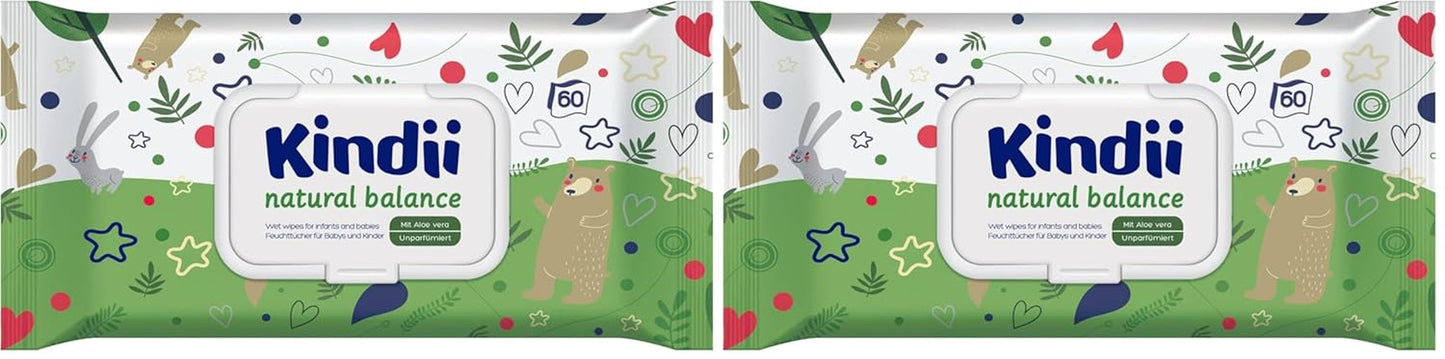 Kindii Natural Balance Feuchttücher für Babys – (1 x 60 Stk.) Feuchttücher für Babys und Kinder – Schützend, Aloe Vera, zarter Duft – 60 Stk.