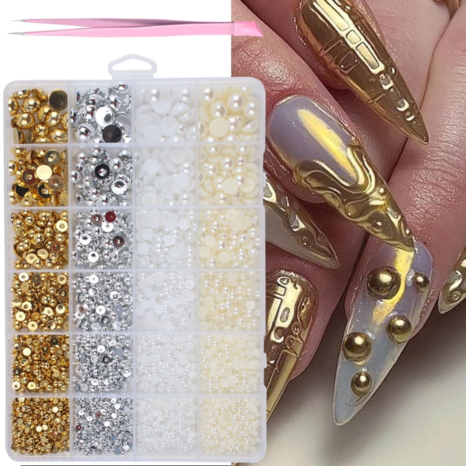 GZMAYUEN 920 Stück Gold Silber Flatback Perlen Für Nägel, Halbrunde Weiße Beige Nagelperlen, Kleine Halbrunde Flatback Perlen Für DIY Nail Art Decor