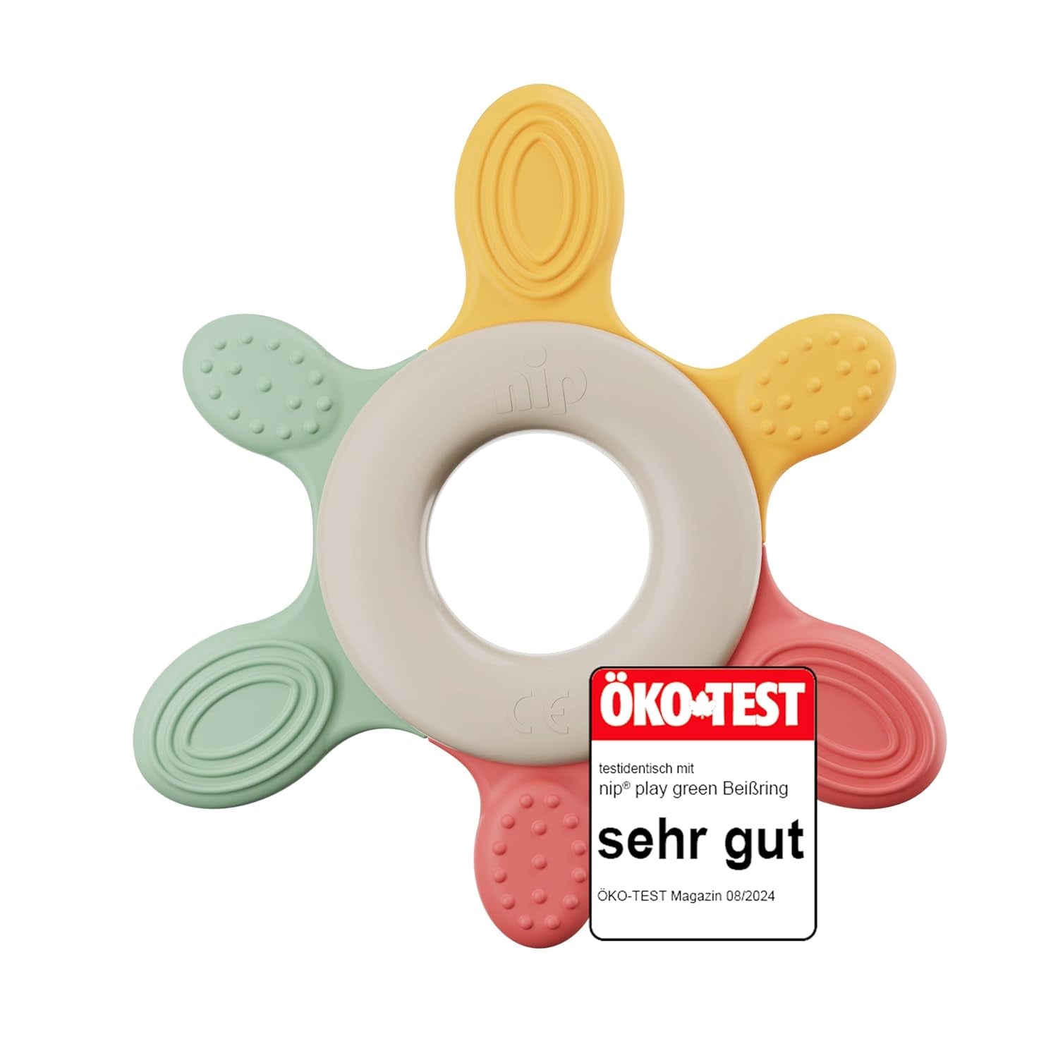 nip – Beißring | Nachhaltiger Beißring für Babys ab 3 Monaten, hergestellt aus über 65 % natürlichen Rohstoffen. Zur sanften Massage von Zahnfleisch, Zunge und Zähnen | Rot/Grün/Orange