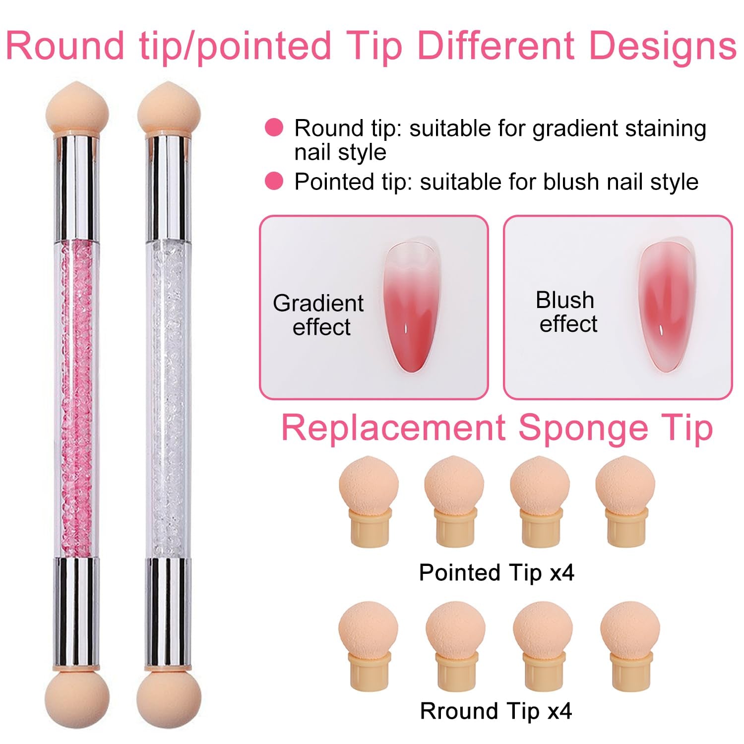 2 Stück Nail Art Rendering-Werkzeuge Doppelter Kopf, Schwammpinsel-Applikator inkl. 8 Ersatzköpfe, Nail Art Schwamm und Tupfpinsel (Weiß, Rosa)