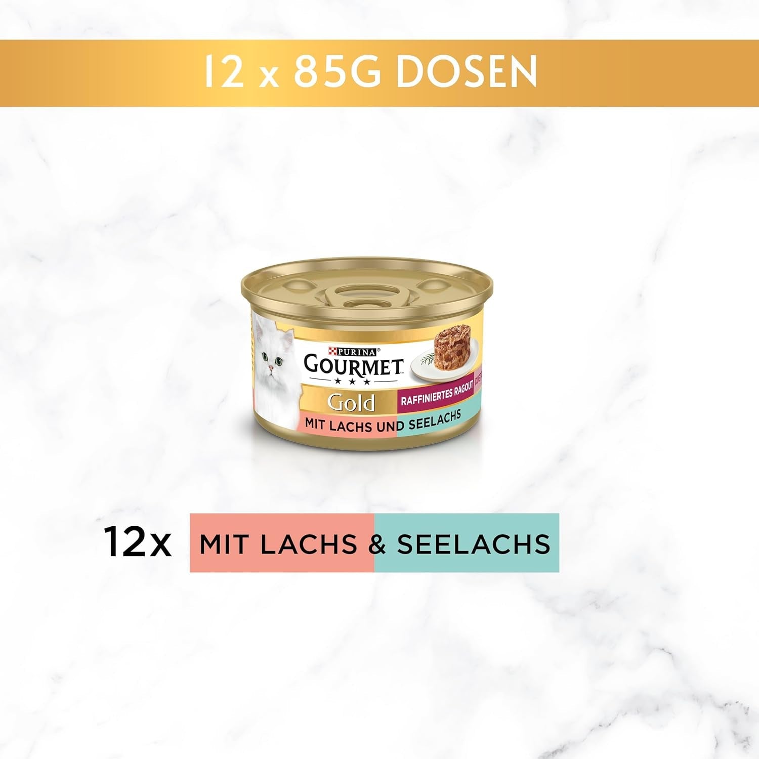 Gourmet Gold Refined Ragout Duetto Lachs & Gelber Kabeljau Nassfutter für Katzen, 12er-Pack (12 x 85 g)