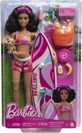 Barbie-Surfer-Puppe mit Surfbrett und Griff, Handtuch und Radio für Strandabenteuer und Geschichten, Clips und Knöchelriemen für realistisches Surfen, ab 3 Jahren HPL69 Naty Shop Moderne Puppen