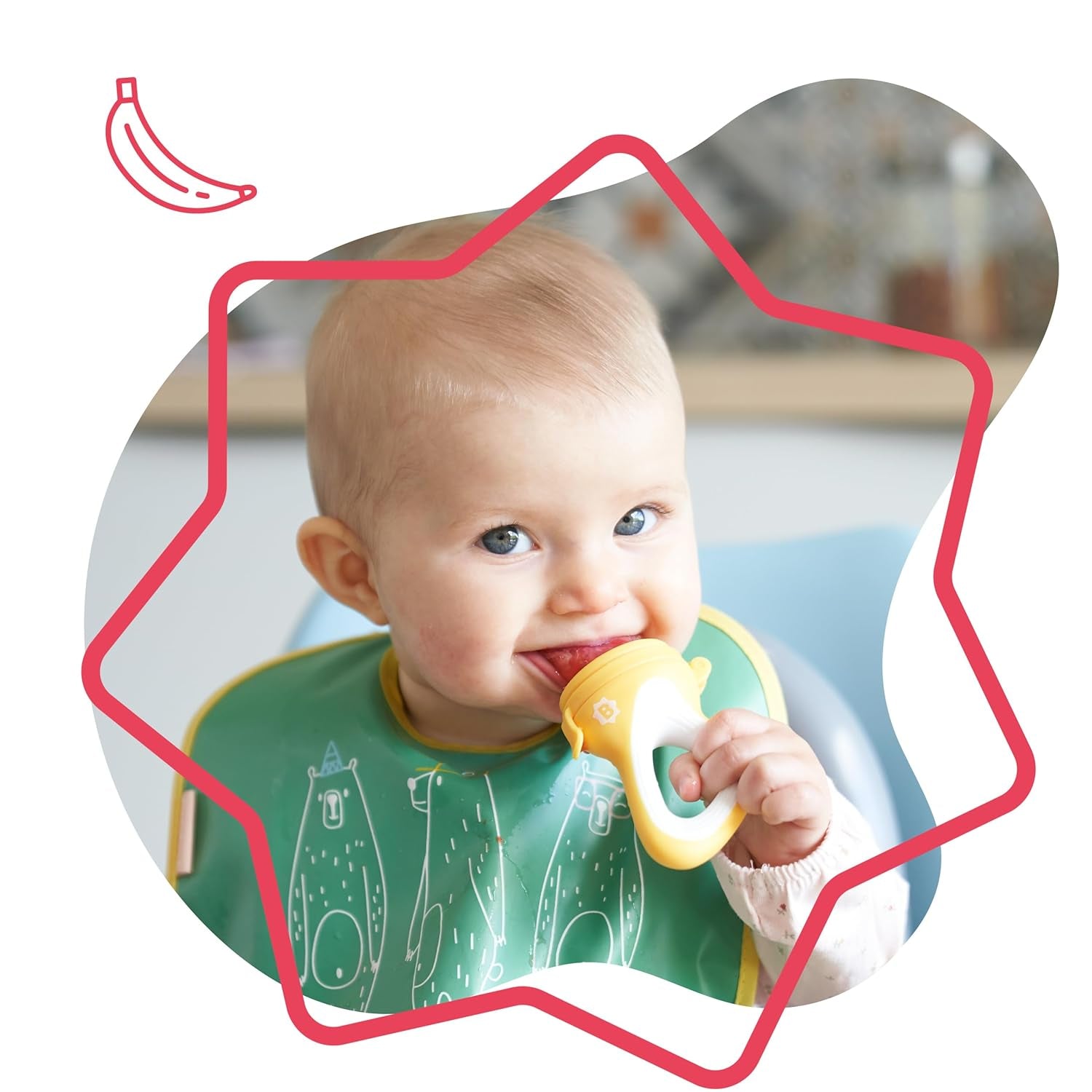 Badabulle Babynahrungsspender mit Schutzhülle, ergonomischem Griff, beruhigt das Zahnfleisch und führt neue Geschmacksrichtungen ein, ab 4 Monaten, BPA-frei