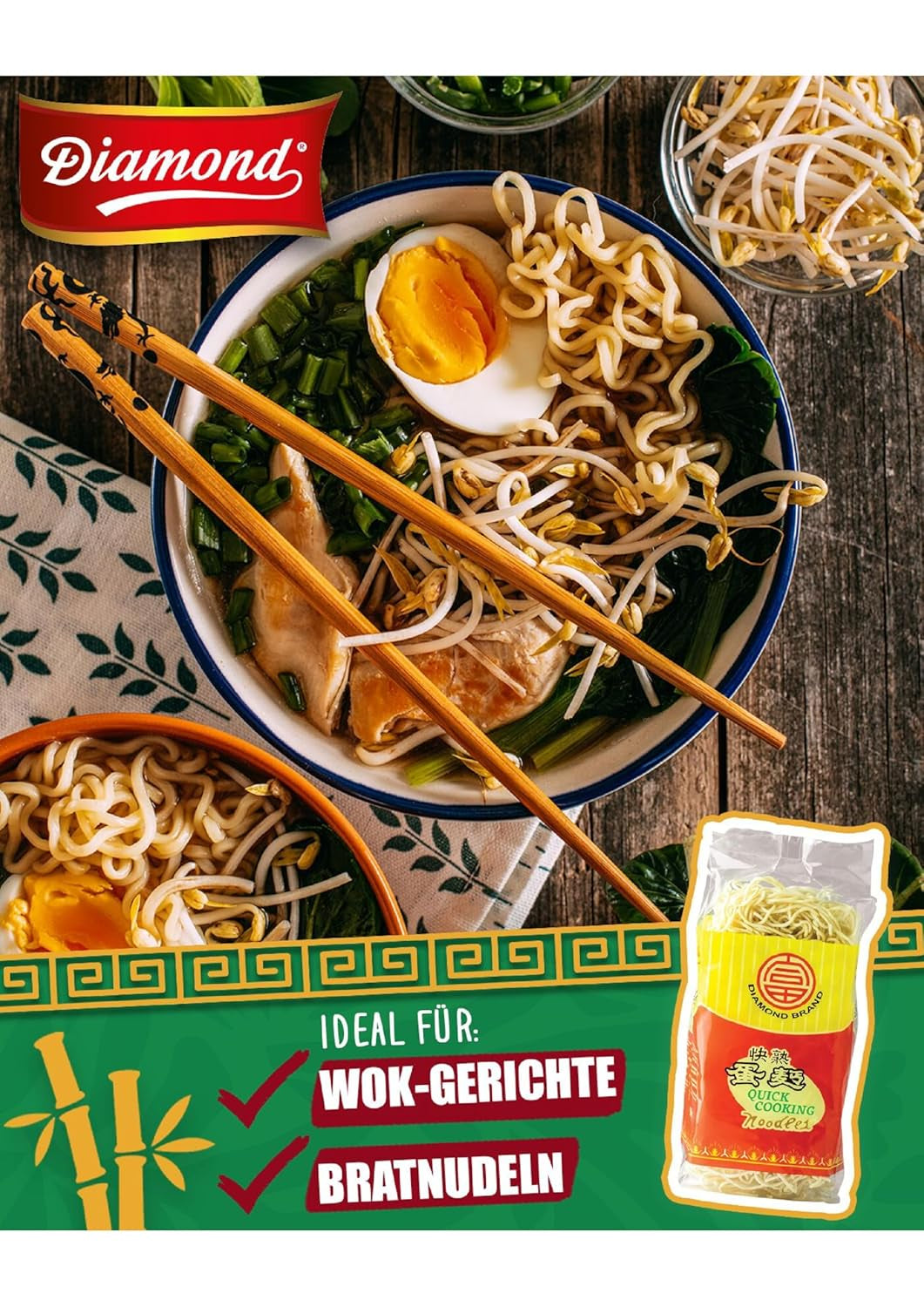 DIAMOND Nudeln mit Ei, Instant-Woknudeln aus Weizenmehl und Beilagen – 1 x 500 g