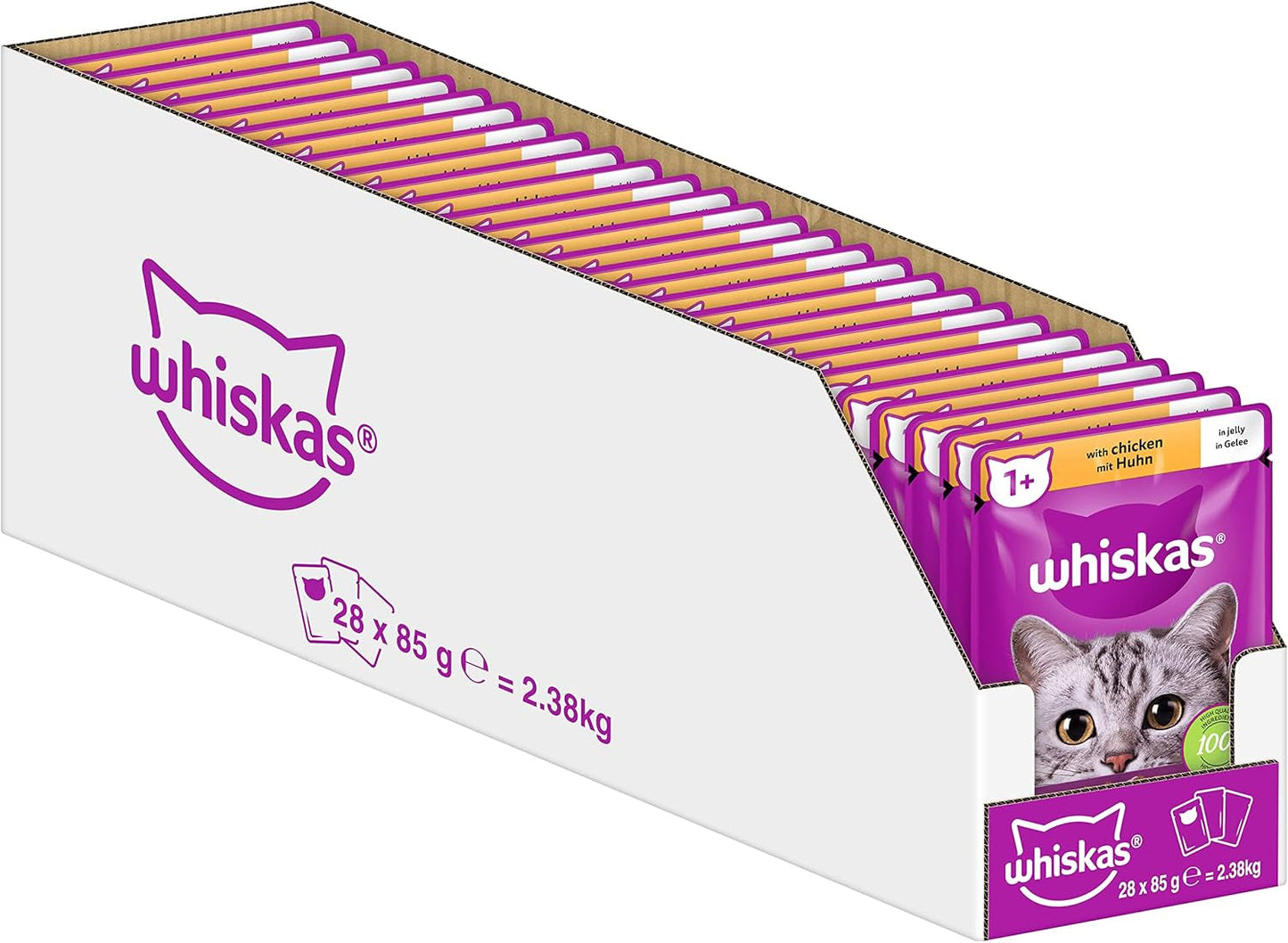 Whiskas 1+ Nassfutter für Katzen mit Huhn in Gelee, 28x85g (1 Packung) – Hochwertiges Nassfutter für ausgewachsene Katzen in 28-Portionen-Beuteln