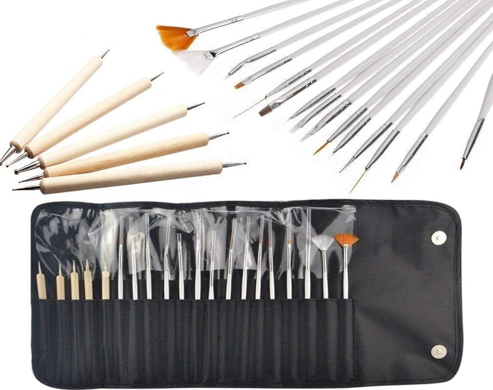 ® 20 x professionelle Nagelpinsel, Gel, Malpinsel, Künstlerpinsel, French-Nagelpinsel-Set, Werkzeugset mit spitzer Spitze, für Nageldesign, Malen, Punktmuster usw., mit Tasche