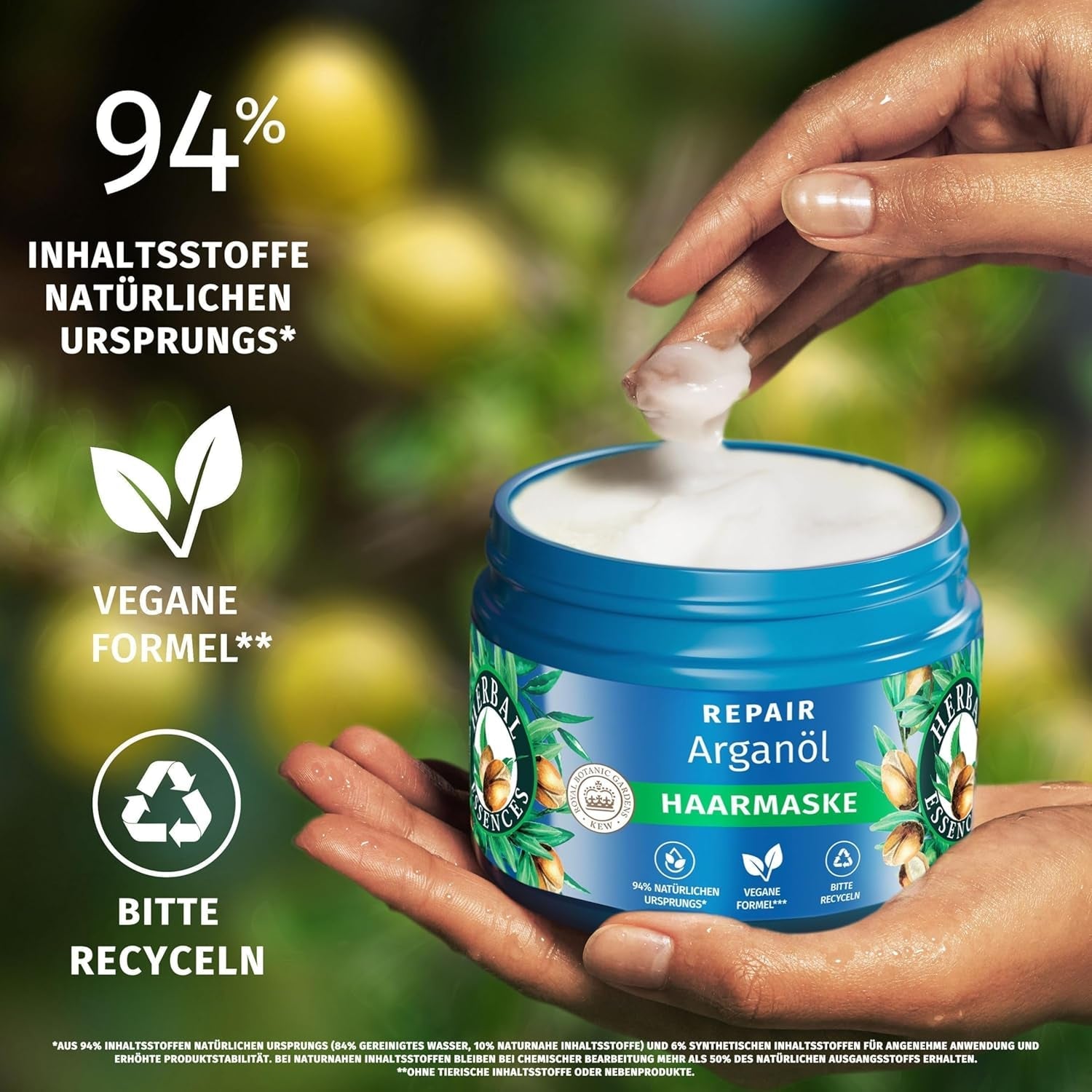 Herbal Essences Haarreparaturmaske mit Arganöl 300 ml. Von geschädigtem Haar bis hin zu glatterem und glänzenderem Haar. Intensivpflege. Mit Inhaltsstoffen natürlichen Ursprungs. Vegane Haarmaske von Naty Shop