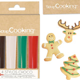 Scrapcooking – Set mit 4 weihnachtlichen Schokoladen-Buntstiften – Braun, Weiß, Grün und Rot – Essbare Farbe – Lebensmittelfarbe zum Schreiben – Schreiben und Zeichnen auf Desserts, Kuchen und Keksen – 7060
