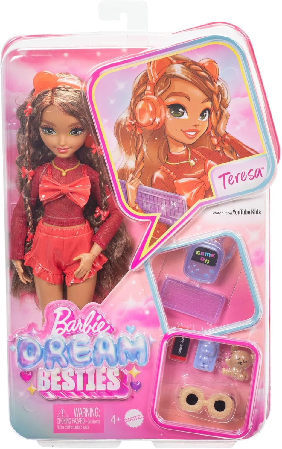 Barbie Dream Besties-Puppe und Zubehör, bewegliche Teresa-Modepuppe mit braunem Haar und Haarspangen, 10-teiliges Videospiel-Thema, HYC23 Naty Shop-Puppen