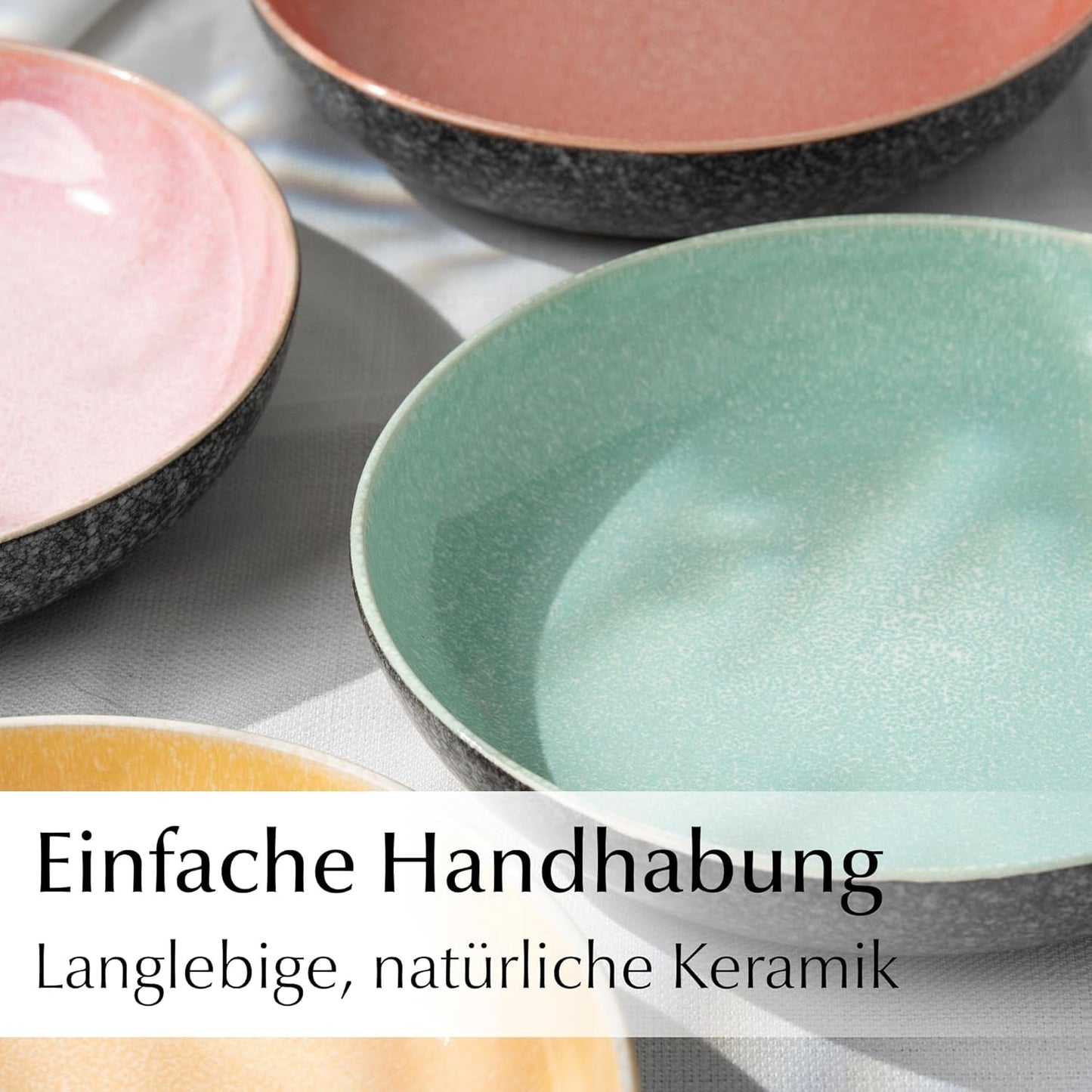 MIAMIO – Speiseteller, 6er-Set (850 ml) / große und tiefe Pastateller, Teller-Set für 6 Personen, Salatschüssel aus Keramik / spülmaschinen- und mikrowellengeeignet – Las Palmitas-Kollektion