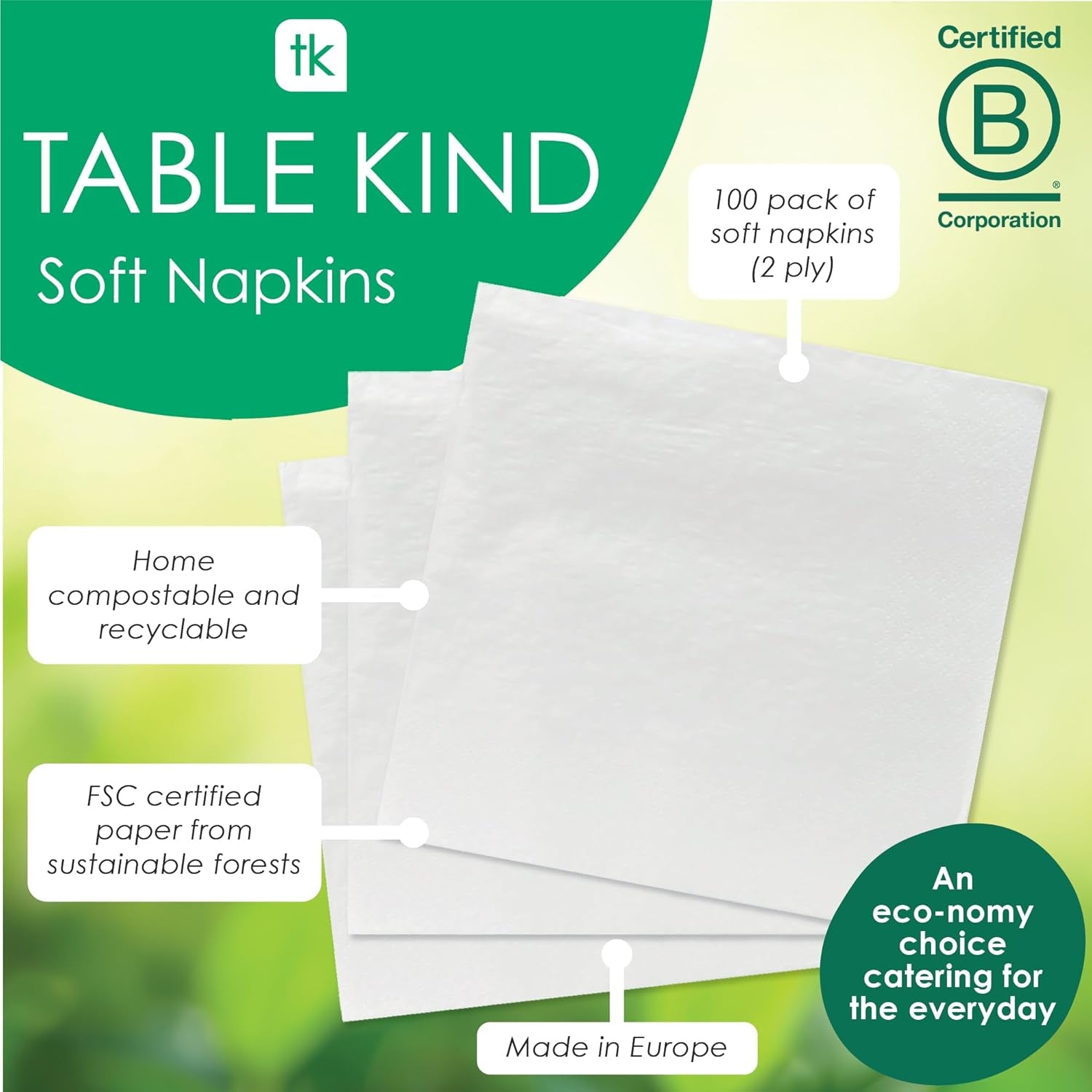 Table Kind 100 weiße weiche Servietten in Großpackung, hochwertige Servietten für Party, Catering und den täglichen Gebrauch, FSC, nachhaltig und recycelbar, hergestellt in der EU | 2-lagig | 33 cm