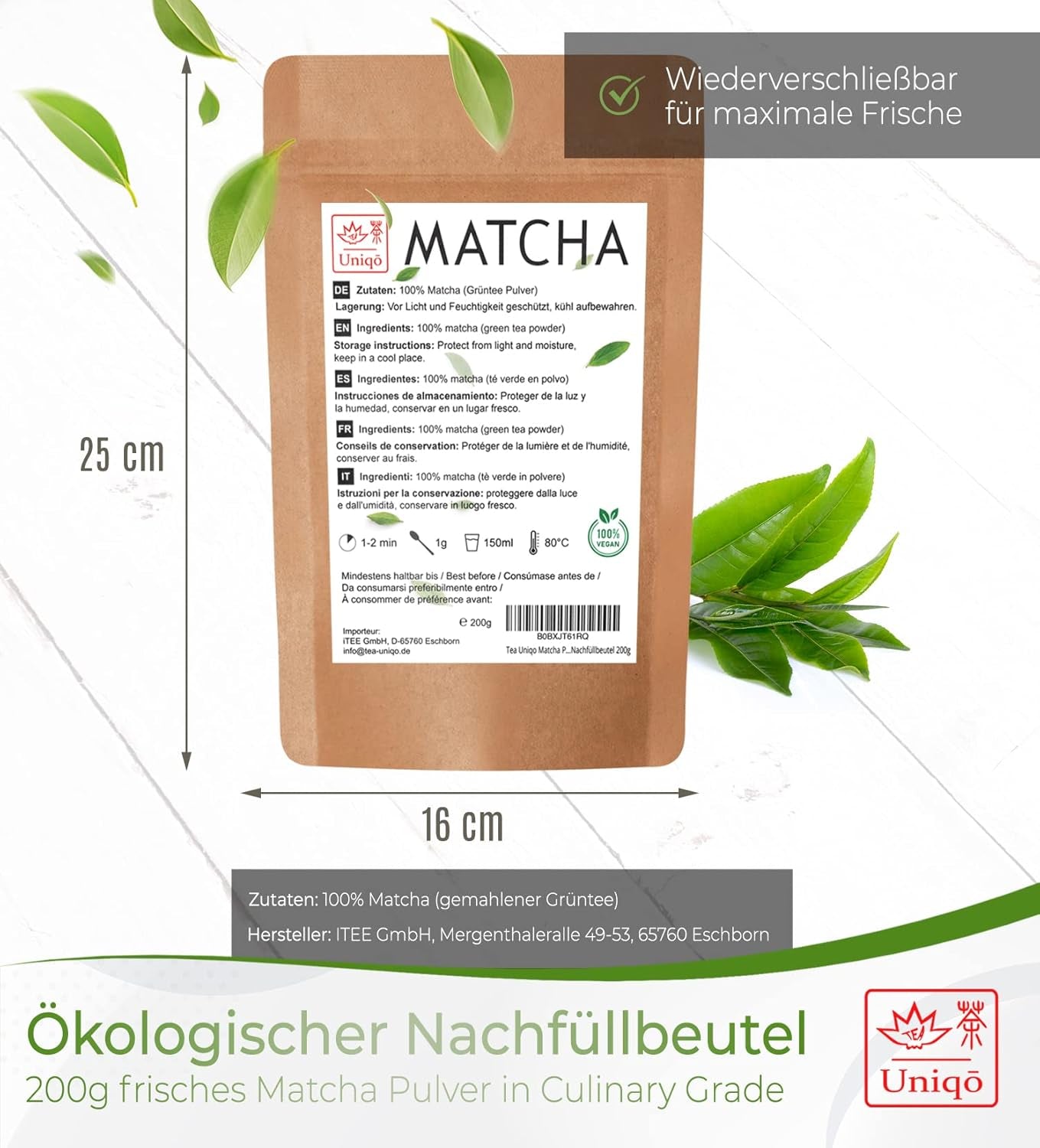 Uniqo Matcha-Teepulver 200 g in nachfüllbarer ökologischer Verpackung