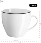 Mäser Nola-Serie, modernes Kaffeeservice für 6 Personen, weiß mit schwarzem Rand, 18-teiliges Tafelservice, Kaffeetassen, Untertassen und Dessertteller – rundes Kaffeeservice, Kaffeeset weiß