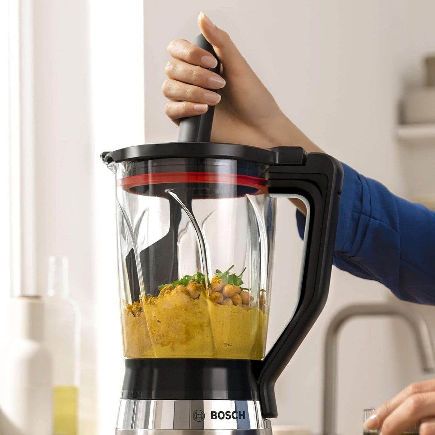 Bosch Standmixer Vitapower Serie 4 MMB6382M, Edelstahl-Klingen Made in Germany, 1.5L Thermosafe Glasbehälter, Stopfer, Sicherheitsdeckel, Spülmaschinengeeignete Teile, 30.000 U/Min, 1200 W, Edelstahl Kitchen Naty Shop