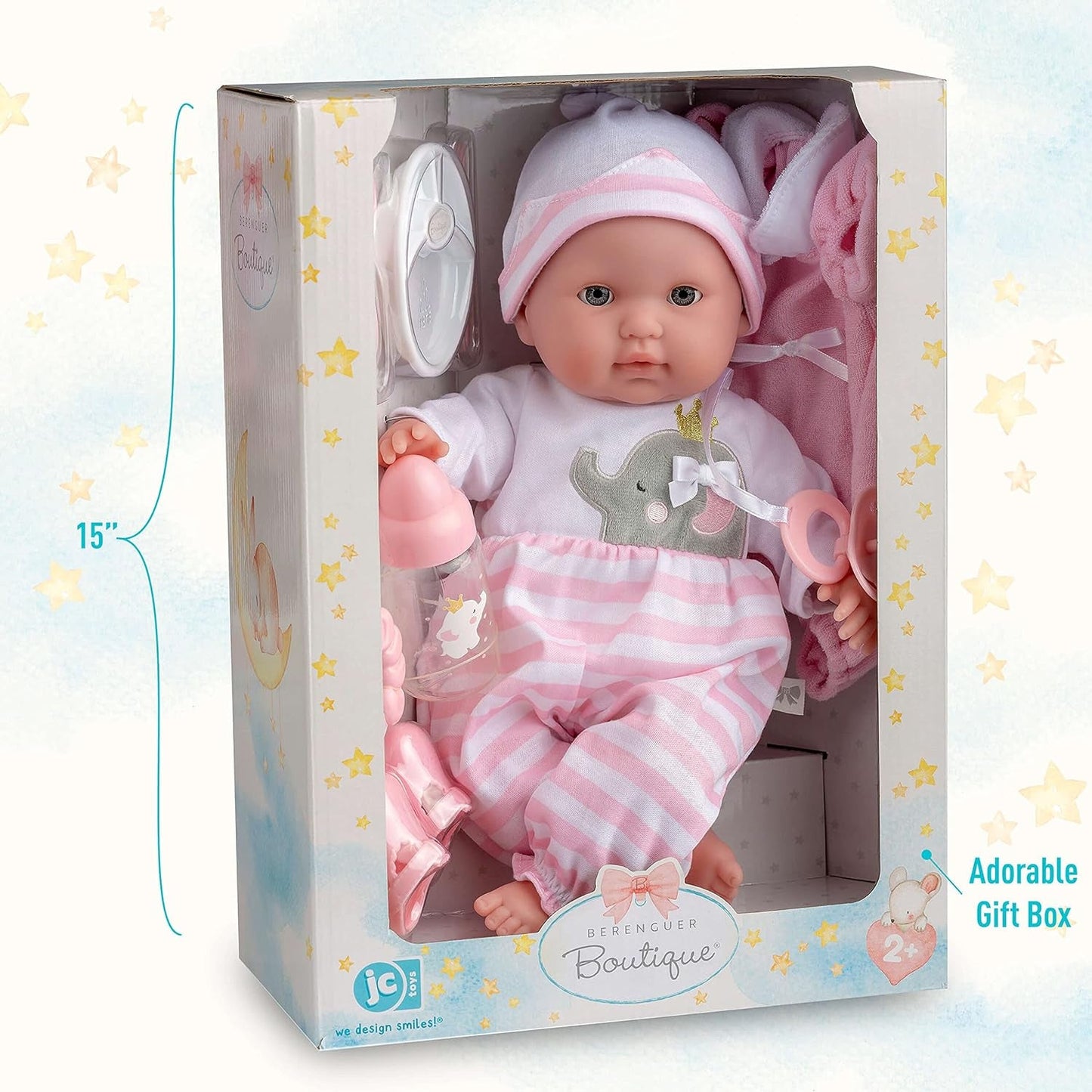 JC Toys – Berenguer Boutique 38 cm weiche, lebensechte Puppe mit offenem/geschlossenem Mund, 10-teiliges Geschenkset, Babyflasche, Rassel, Schnuller und Zubehör, Rosa, ab 2 Jahren