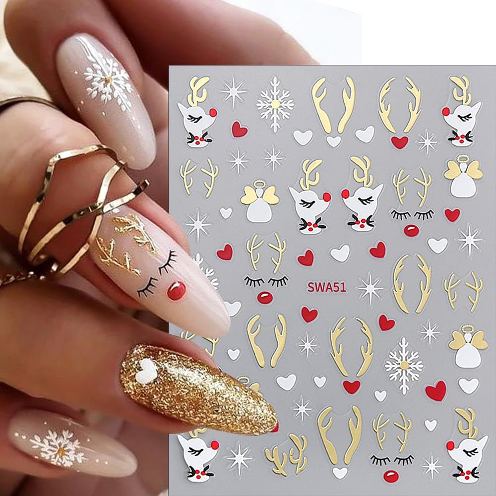 Cartoon-Schneeflocken-Nagelaufkleber, Weihnachts-Nagelaufkleber, selbstklebend, Weihnachts-Nageldesigns, Nagelkunst, Hirsch, Schneeflocken, Weihnachts-Nagelaufkleber, Winter-Nagelzubehör