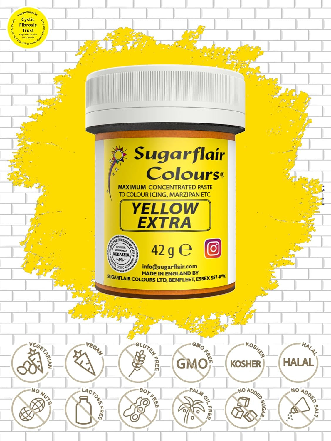Lebensmittelfarbe Sugarflair Max Concentrated Yellow Extra, hochkonzentrierte Lebensmittelfarbe für Marzipan und Fondant, Pastenfarbe Max Concentrate – 42 g