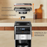 KRUPS Grind Aroma XL Espressokocher, abnehmbares konisches Mahlwerk, digitales Bedienfeld, XL-Kapazität (1,5 l), Warmhaltefunktion, Glaskaraffe, Schwarz/Edelstahl, KM842810