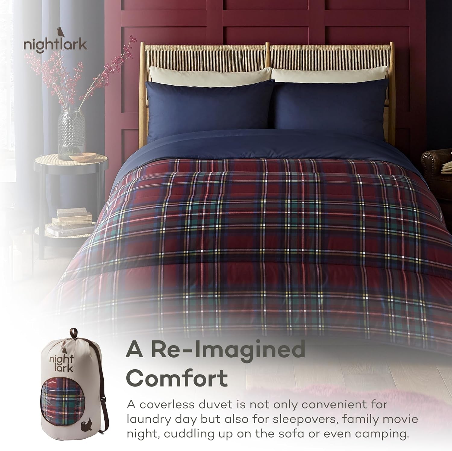 Night Lark Bettdecken- und Kissenbezug-Set, 10,5 Tog, Einzelbett, klassisches rotes Schottenmuster, luxuriöse Bettwäsche, hypoallergen, maschinenwaschbare Bettdecken und Bettdecken Naty Shop