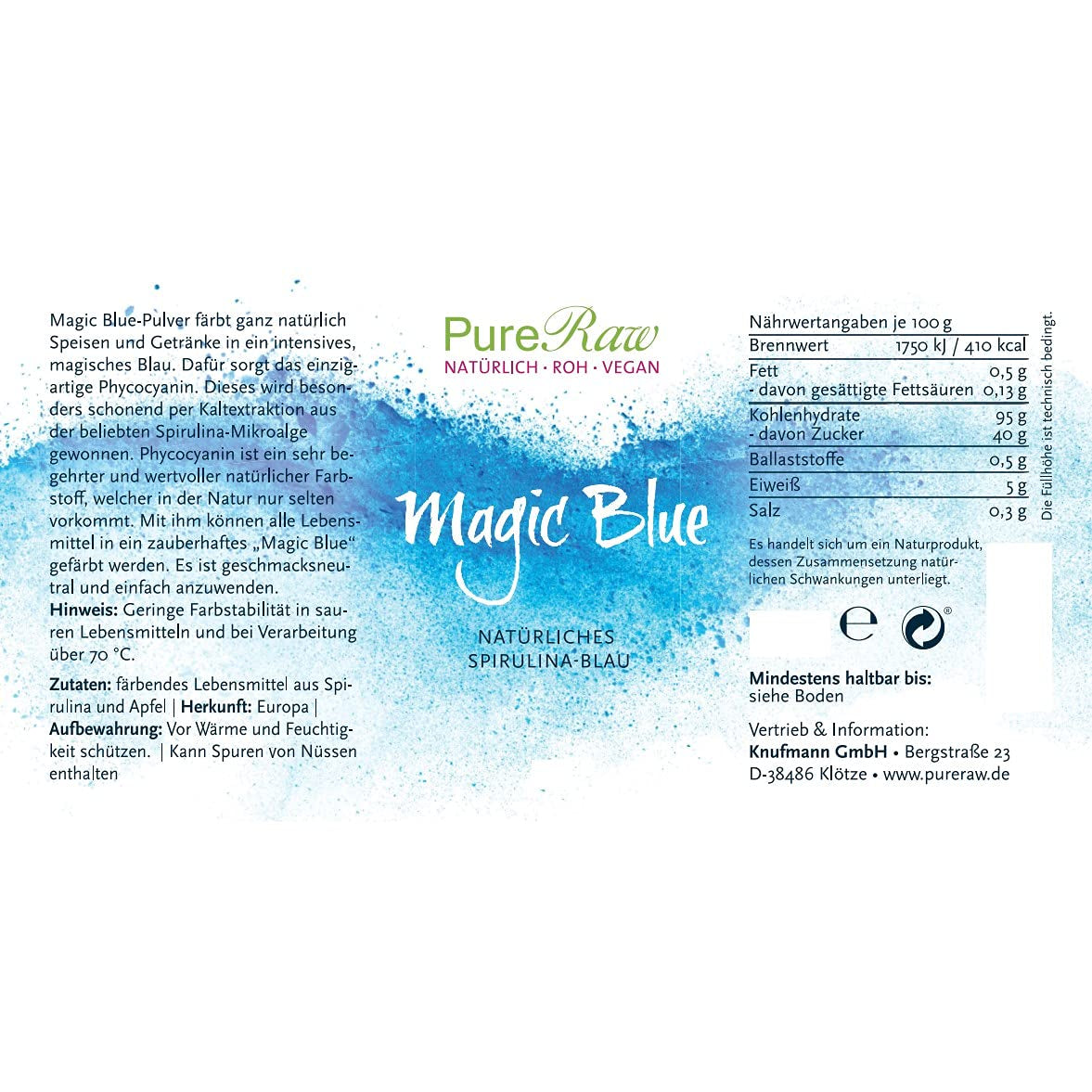 Magic Blue Spirulina Natürliche Lebensmittelfarbe Pulverblau (roh vegan) Dunkelblau bis helles Pastellblau – Phycocyanin-Algenpulver-Lebensmittelfarbe – Natürliche Lebensmittelfarbe | Pureraw 5G