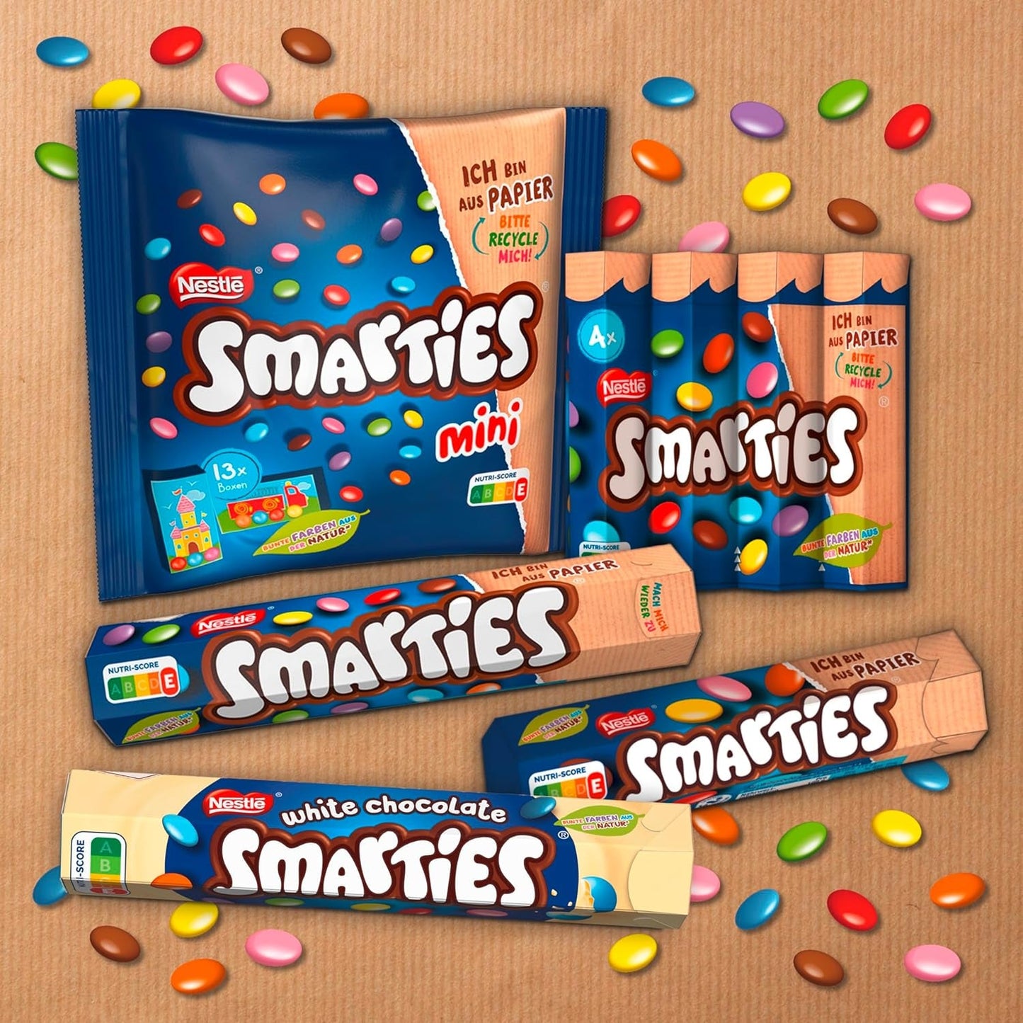 Nestlé SMARTIES Multipack, kleine Rolle, schokoladenfarbene Linsen, ideal für Kindergeburtstage, natürliche Farben, sechseckige Rolle, 12er Pack (12x (4 x 34g))