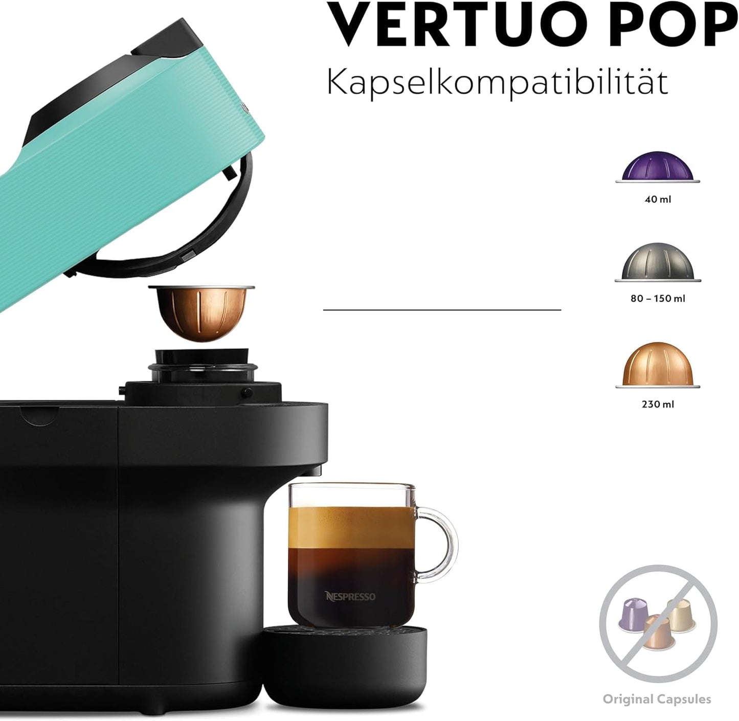 Espressomaschine mit Nespresso Krups Vertuo Pop Kapseln, Fassungsvermögen: 560 ml, automatische Kapselerkennung, One-Touch-System, 4 Tassengrößen, verkürzte Aufheizzeit, nachhaltig, Aqua Mint, XN9204