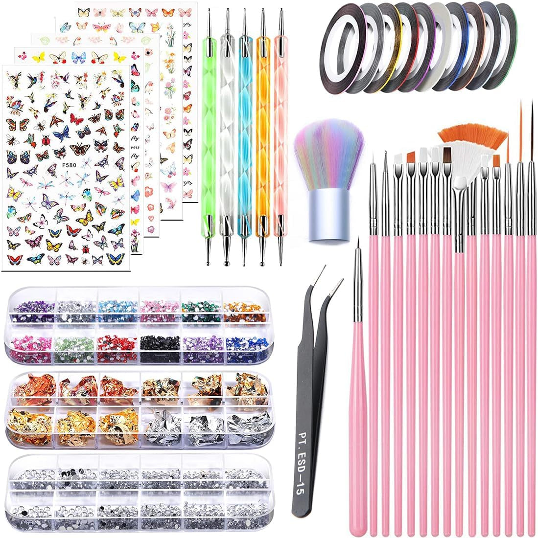 Set mit Nagelaufklebern und Zubehör – 5 Nagelaufkleber, Pinsel, Steine, Zierband, Goldfolie – perfekt für Maniküre und Gelnägel – 50-teiliges Set
