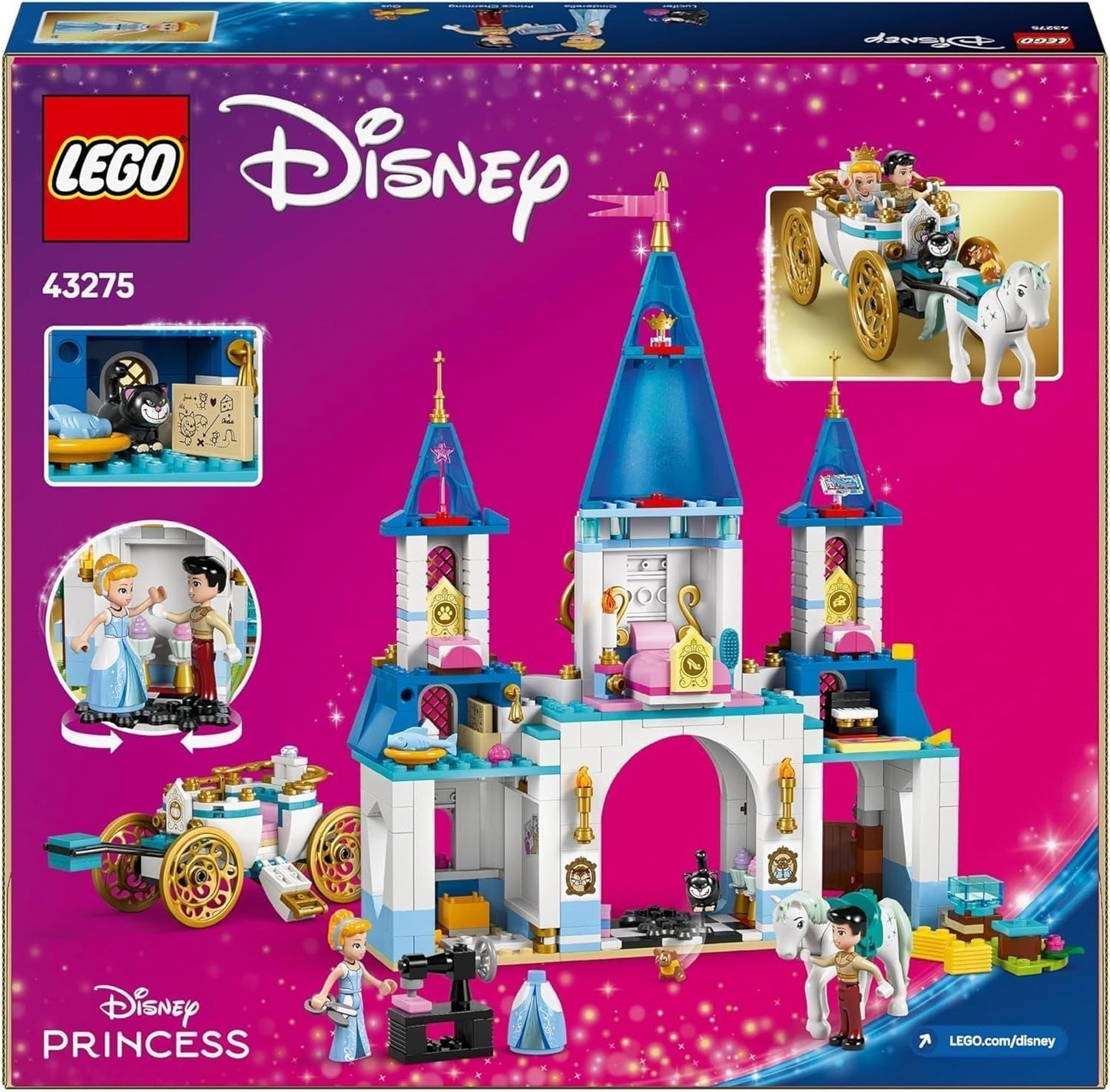 LEGO® Disney Prinzessinnen-Schloss Aschenputtel und Pferdekutsche, Set für Mädchen ab 6 Jahren, fantastisches Spielzeug mit Mini-Puppen Prinzessin Aschenputtel und Prinz Charming, Geschenkidee für Disney-Fans 43275 Bausets Beuche den LEGO-Store