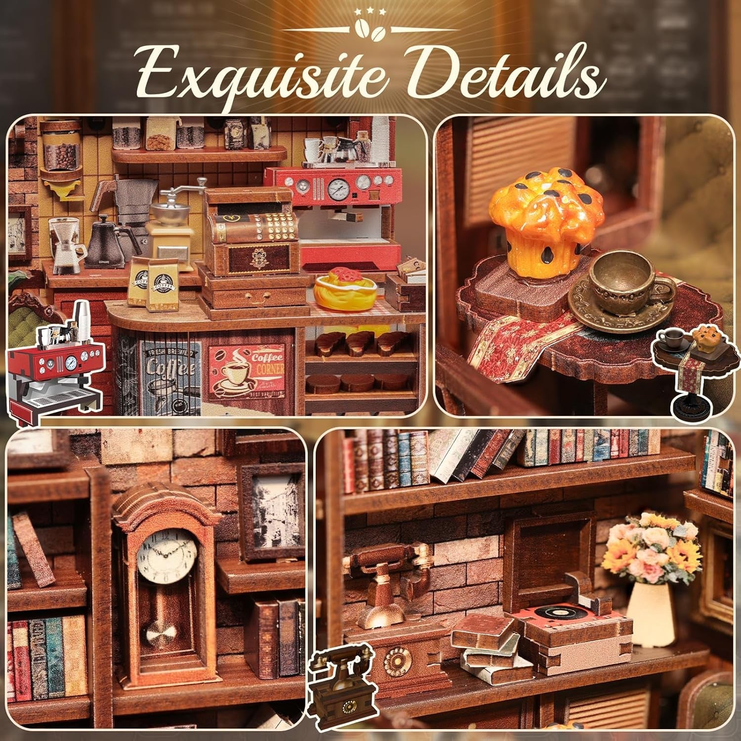 CUTEBEE Bücherecken-Set – DIY-Puppenhäuser, LED-beleuchtetes Miniaturhaus-Bauset für Erwachsene, 3D-Holzpuzzle und Bücherständer – Bücherregal-Dekoration und Geschenk (Eckcafé)