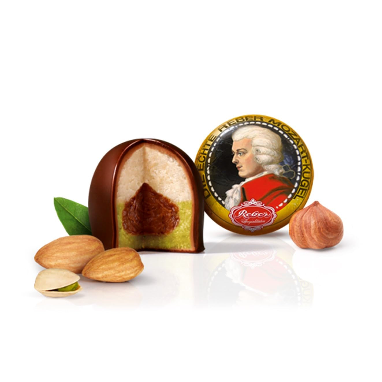 Reber Mozartkugeln – Süßwarenbeutel mit 8 Stück – Echte Reber Mozartkugeln aus dunkler Schokolade, Marzipan und Nougat – 1 x 160 g