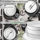 SANGER | Marlo Geschirrset mit schwarzem und weißem Rand, 18-teiliges Porzellangeschirrset für 6 Personen, Weiß mit schwarzen Akzenten, Speiseteller, Dessertteller und Schüsseln, modernes Design | DIE PREMIUM-KOLLEKTION